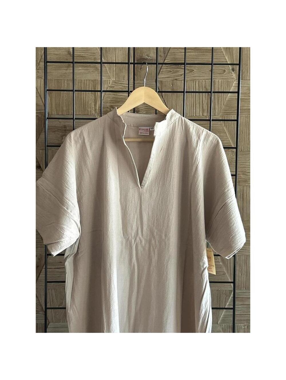 B'Gauze Womens Size 2 (L/XL) Cotton Gauze Tan/Beige V-Neck Maxi Dress Kaftan NWT - Picture 3 of 5
